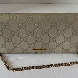 GUCCI Chain Long Wallet  Leather‎ Women Authentic Beige Monogram